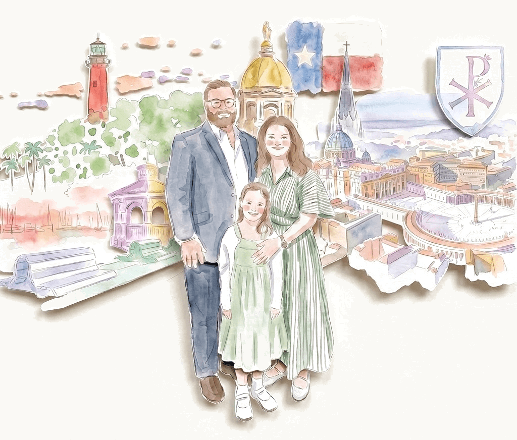 A watercolor of the Dytrych family with the places and faith that shape us — Jupiter lighthouse, the Golden Dome, the Texas flag, St. Peter's, and the Chi-Rho